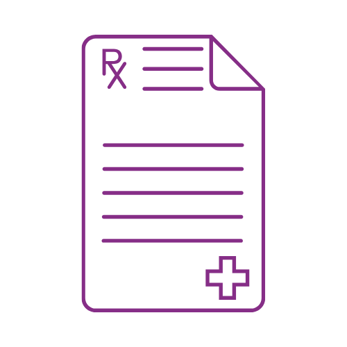 Purple icon of a prescription document with "Rx" and a medical cross symbol.