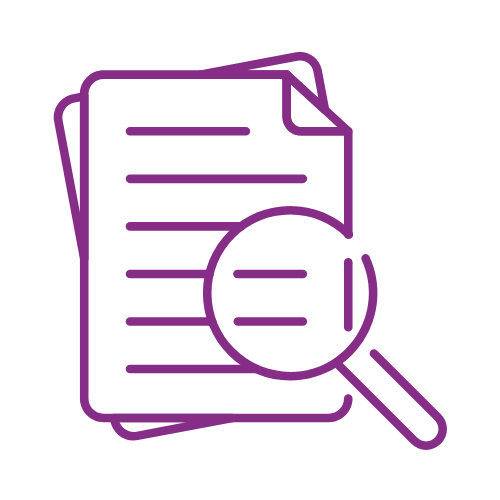 Purple icon of documents with a magnifying glass.